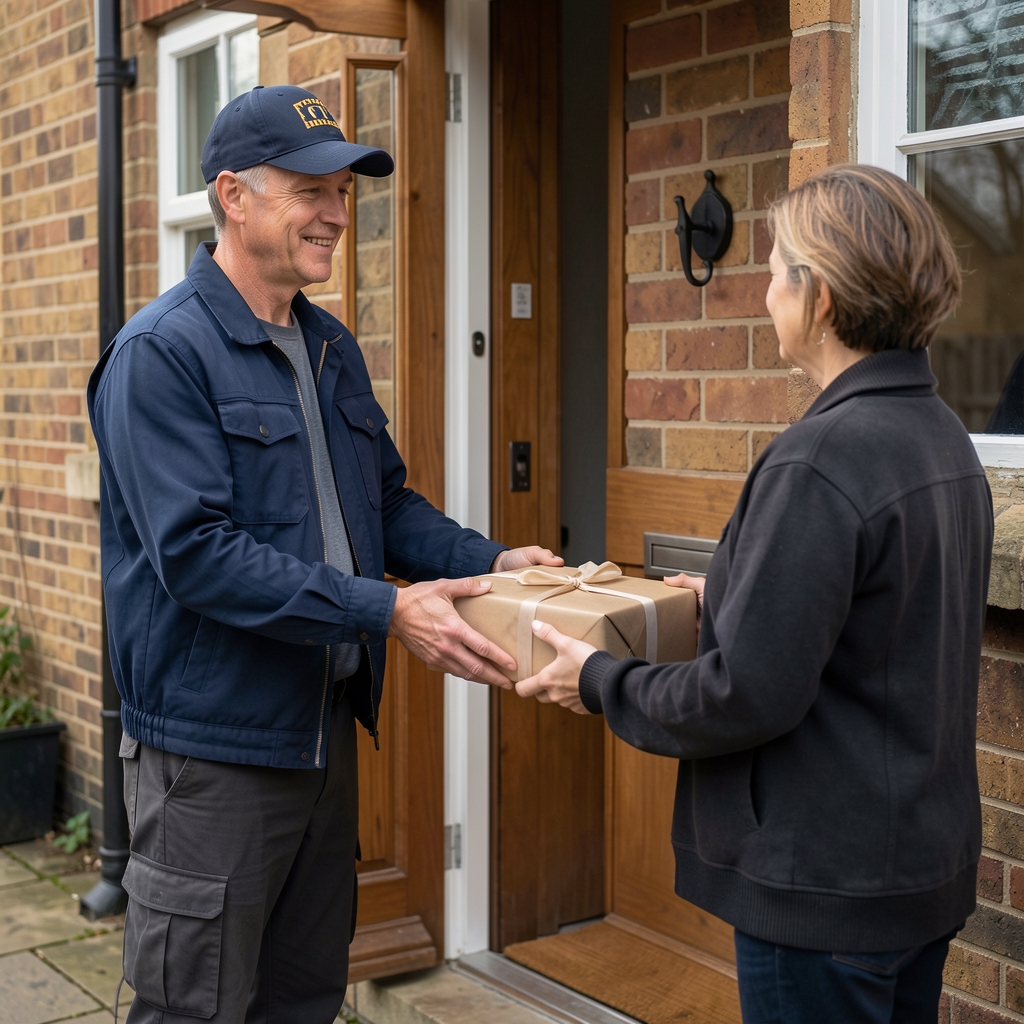 Courier handing a discreetly wrapped parcel to a customer at their front door in the United Kingdom