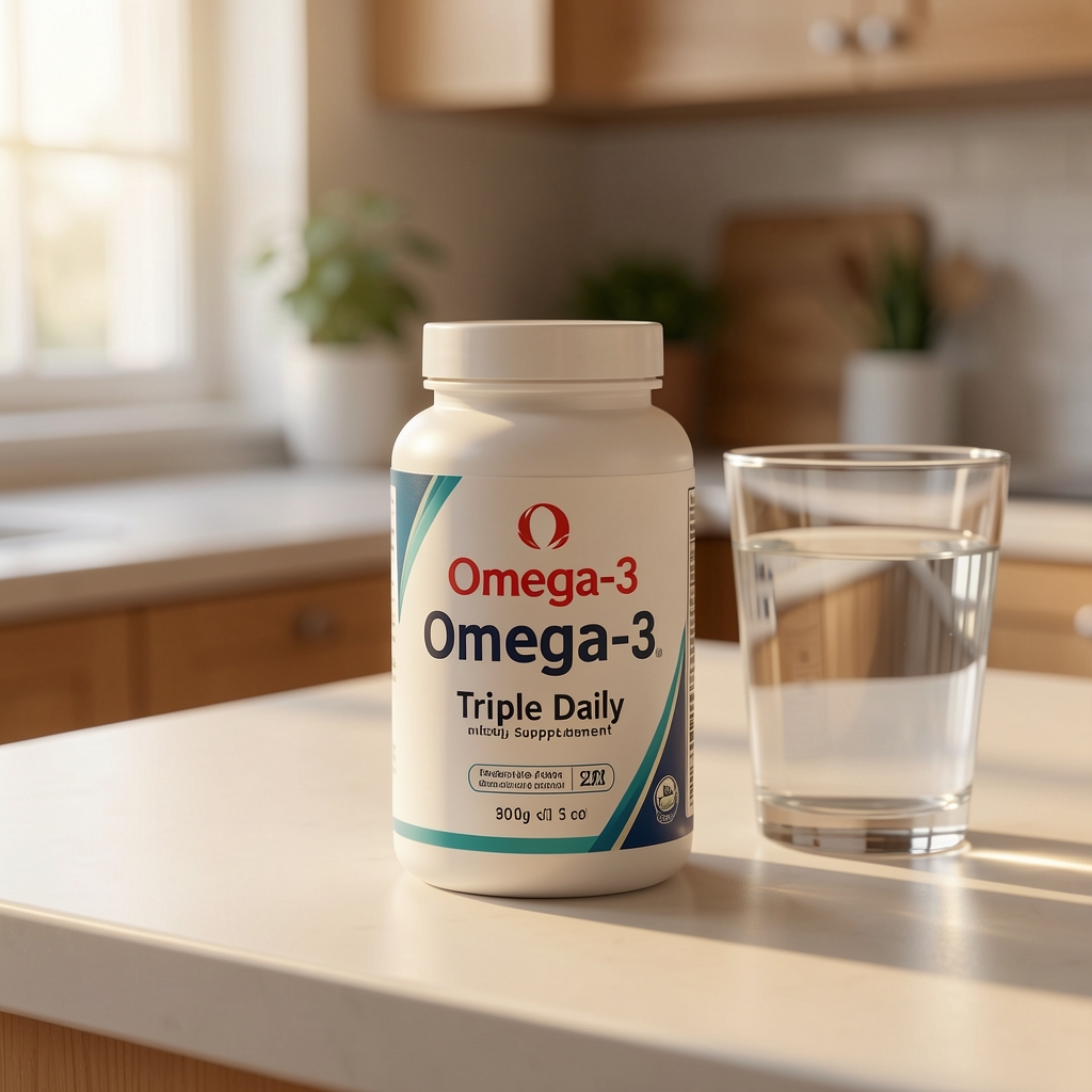 Omega-3 Triple daily supplement on a warm, clean kitchen surface with a glass of water and soft morning light