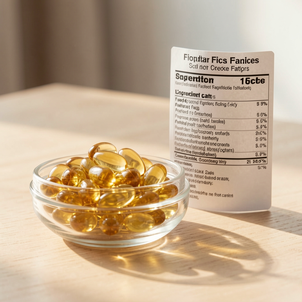 Golden fish oil capsules in a glass dish beside a printed ingredient label and soft natural light