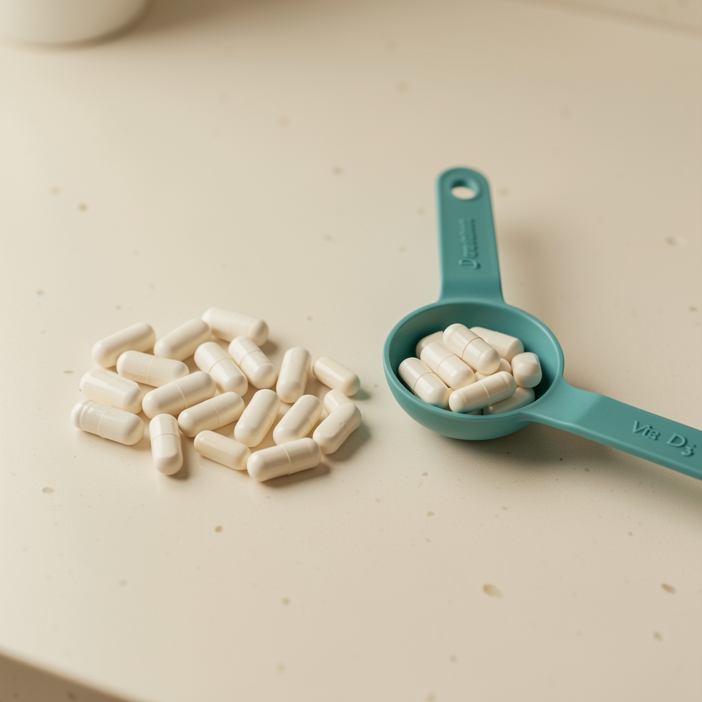 Vitamin D3 supplement ingredients arranged beside a teal measuring spoon on a cream worktop