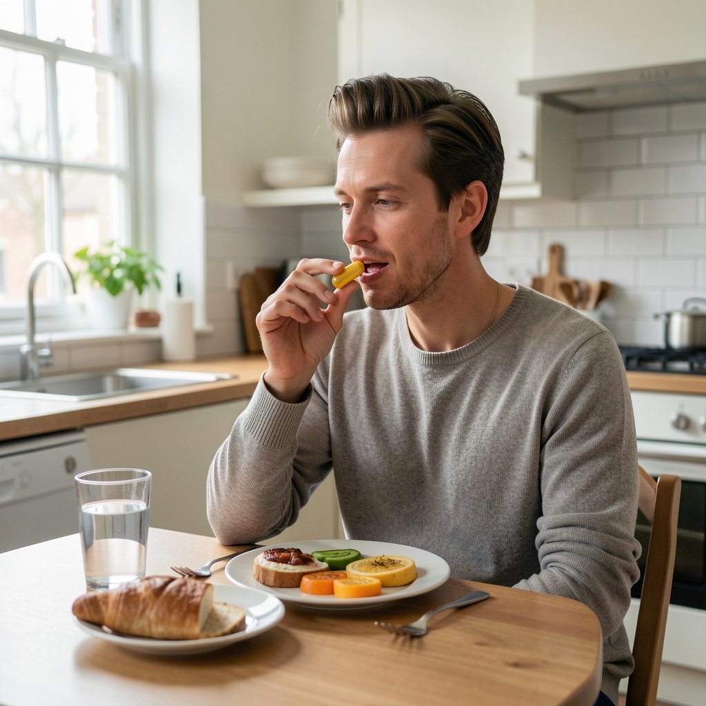 Adult placing one supplement capsule beside a glass of water during a calm morning routine at a kitchen table